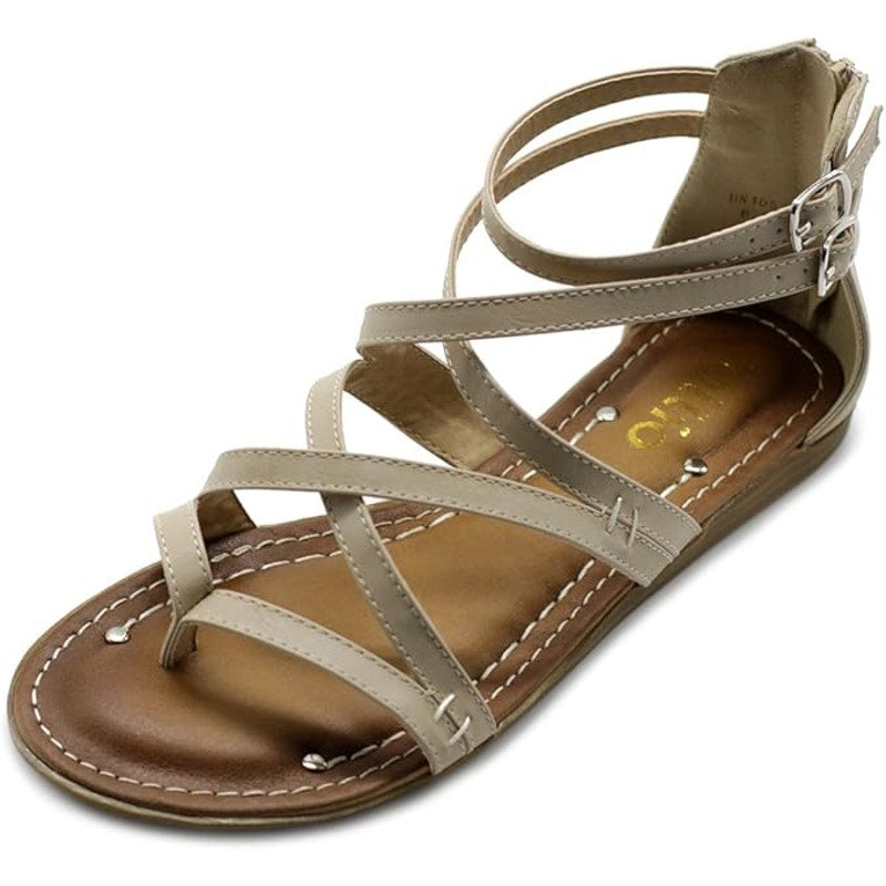 Ollio Women's Shoe Gladiator Strap Flat Zori Sandal Beige Size 6