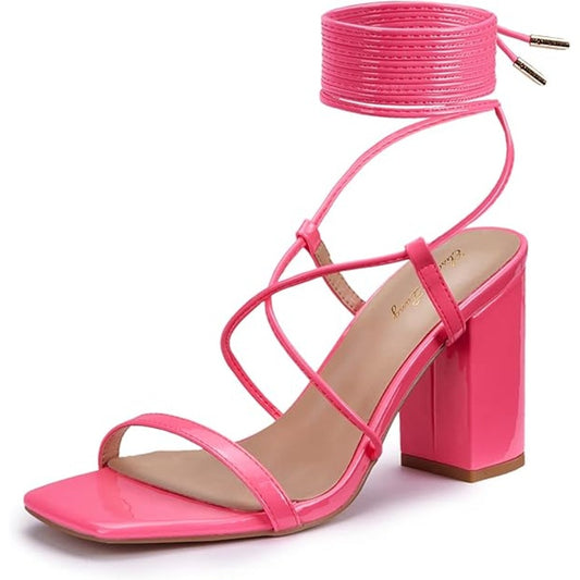 Elisabet Tang Women Lace Up Chunky Heel Sandal 3in Ankle Wrap Strappy Pink