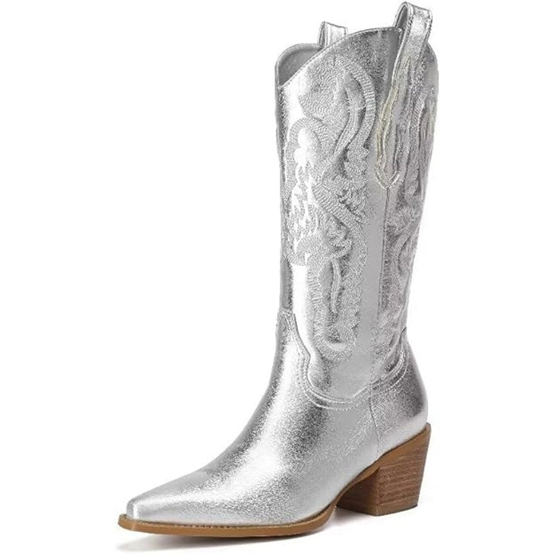 Women's Embroidered Western Cowboy Boots Mid Tube Pointed Toe Chunky Heel Shiny SZ 6