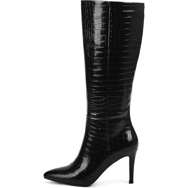 Modatope Knee High Boots Pointed Toe Stiletto Zipper Faux Crocodile Boots SZ 8.5