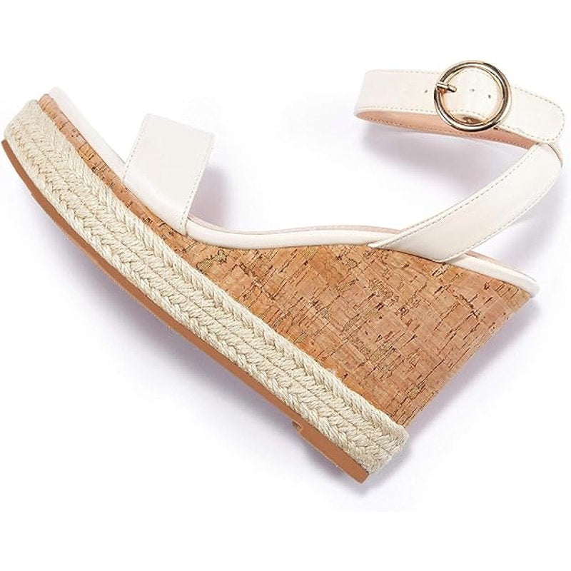 Liyuandia Women's Espadrille Cork Platform Wedge Sandal Ankle Strap Beige