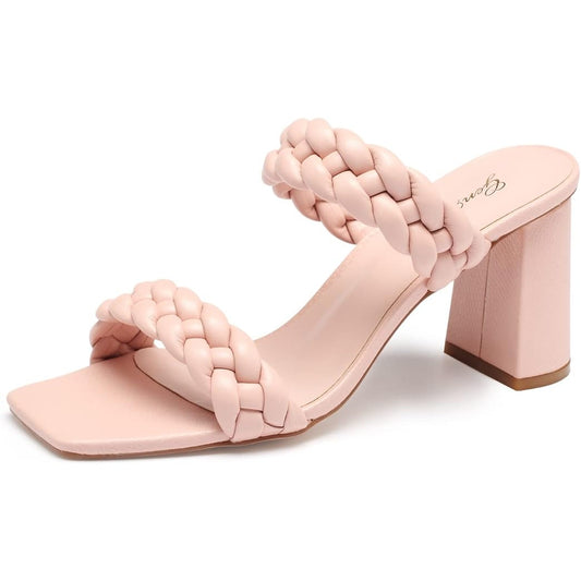 Pink Women's Square Open Toe Heels Braided Two Strap Heeled Sandals Wedding 11