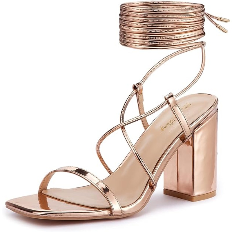 Elisabet Tang Women Lace Up Chunky Heel Sandal 3in Ankle Wrap Strappy Gold