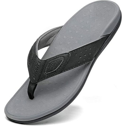 Sandals Men Toe Post Leather Flip Flops Arch Support Outdoor Black Grey Size 8