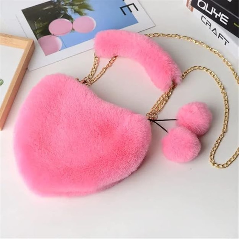 Soft Warm Faux Fur Fuzzy Crossbody Bag Heart Shape Plush Purse Women Wallets