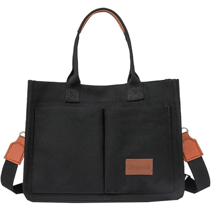 Canvas Tote Handbags Women Shoulder Casual Work Office Bags Multi-pocket Black