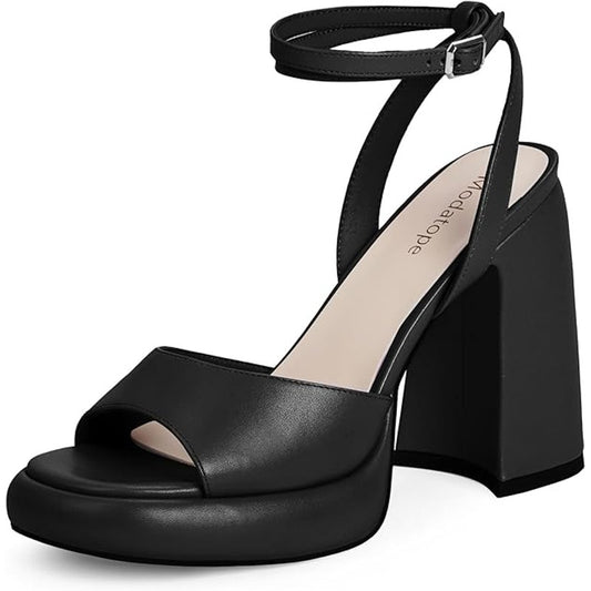 Women's Platform Heels Sandal Chunky Heel, Open Round Toe Ankle Strap Black