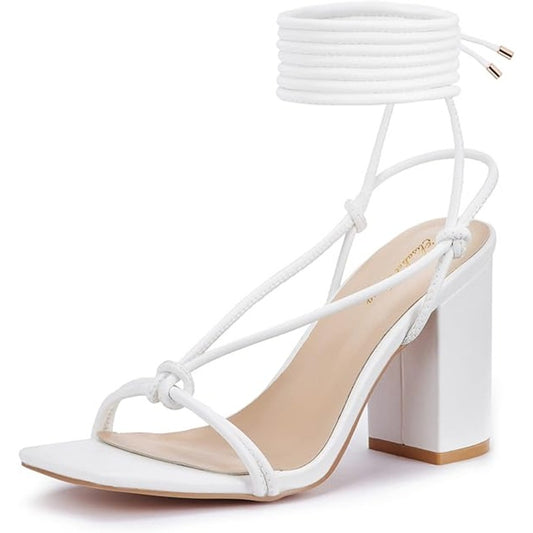 Elisabet Tang Women Lace Up Chunky Heel Sandal 3in Ankle Wrap Strappy White