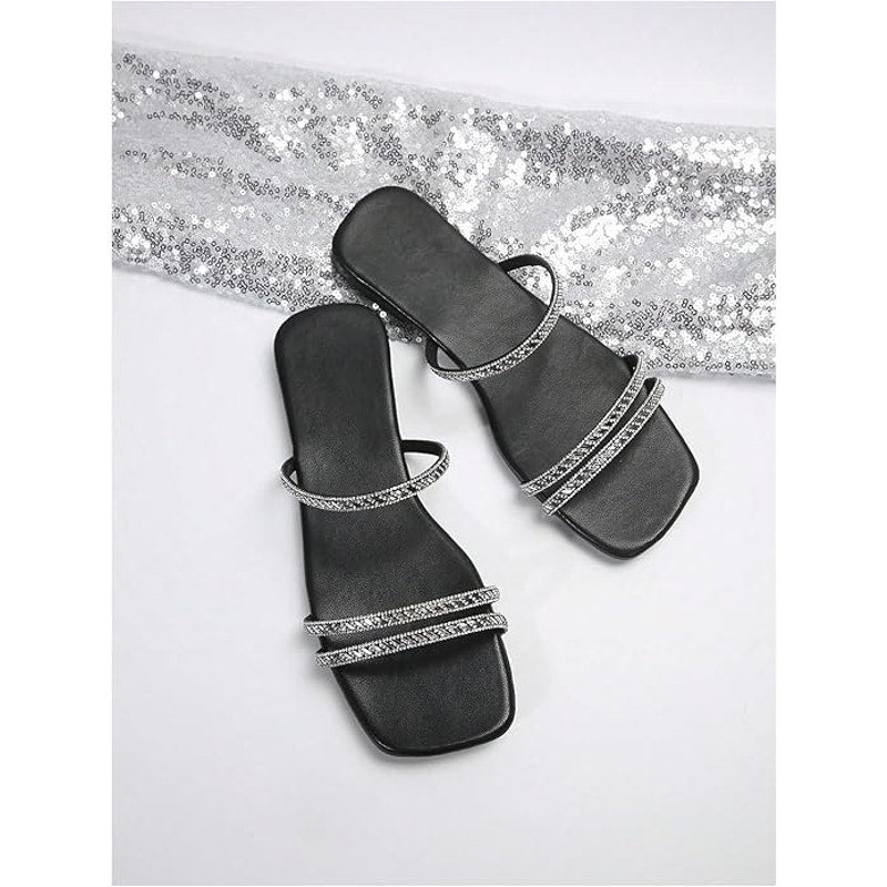 Women's Strappy Sparkling Rhinestone Decor Flats Square Toe Slide Sandal