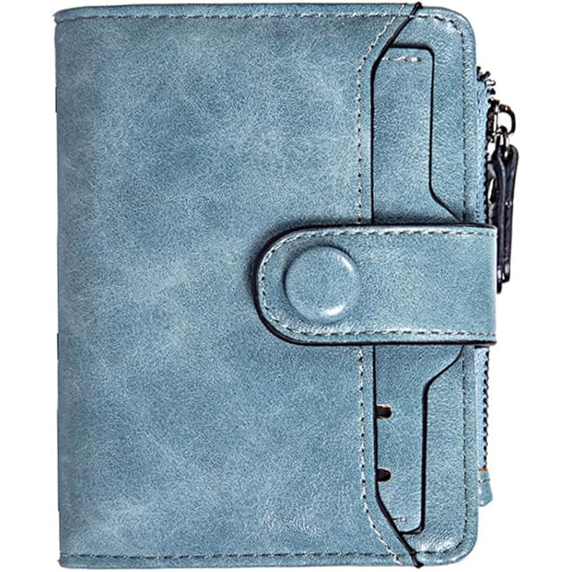 Women's Leather Wallet RFID Blocking Bifold Zipper Coin Pocket ID Window Blue